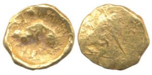 Chola, Gold Fanam, 0.43g, a crude depiction of a boar on obv., uniface. (Mitch 269). About
