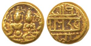 Vijayanagar, Devaraya I (1406-1422 AD), Gold Pagoda, 3.36g, Shiva-Parvati seated, Siva hol