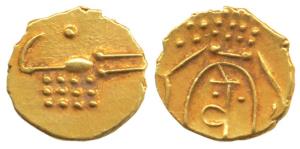 Marathas, Tanjavore, Venkoji, Gold Fanam, .34g, Ve on obv., degenerate crocodile on rev. (