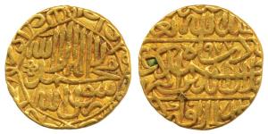 Akbar (AH 963-1014, 1556-1605 AD), Gold Mohur, 10.8g, Agra Mint, AH 977, kalima on obv. (K