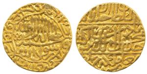 Akbar, Gold Mohur, 10.78g, Agra Mint, AH 974, kalima on obv. (KM 105.1). Broad flan, Ex-mo