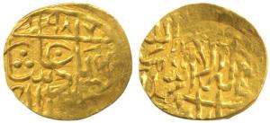 Akbar, Gold 1/10 Mohur, Mintless but issued at Badakshan, Kalmia on obv., ruler’s name and