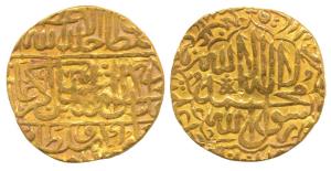 Akbar, Gold Mohur, 10.54g, Dar us-Sultanate Lahore Mint, kalima within quatrefoil on obv.,