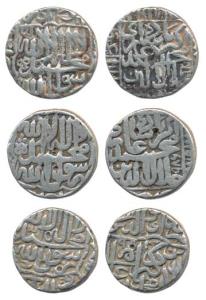 Akbar, Silver Rupee (3), mint name off flan, AH 981, 986 and 998, Kalima type. Fine+ to Ve