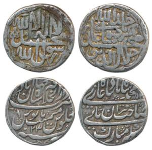 Silver Rupee (2), Akbar, mint name off flan; Muhammad Shah, Shahjahanabad Mint, AH 1154/23