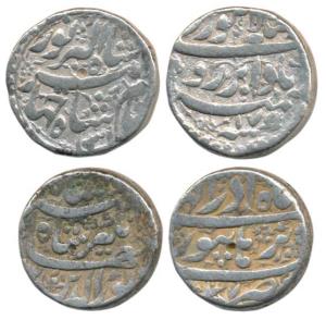 Jahangir, Silver Rupee (2), Burhanpur Mint, RY 37, Month Azar; Lahore Mint, Bada Bar coupl