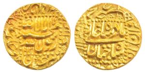 Shah Jahan, Gold Mohur, 10.9g, mint name off flan, probably Akbarabad Mint, legend within 