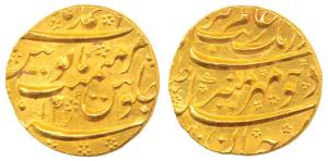 Aurangzeb, Gold Mohur, 10.94g, Ahmednagar Mint, RY 14, mint name at top (unlisted in KM fo