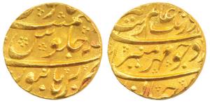 Aurangzeb, Gold Mohur, 10.94g, Burhanpur Mint, complete mint name at bottom (KM 315.16). N
