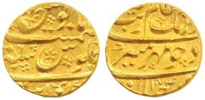 Aurangzeb, Gold Mohur, 11g, Khambayat Mint, AH 1074/6, Mirh-e-munir couplet, the date plac