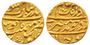 Aurangzeb, Gold Mohur, 11g, Bandar-i-Mubarak Surat Mint, RY 2, badr-i-munir type (KM 315.4