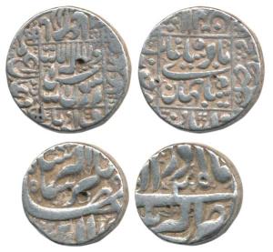 Silver Rupee (2), Jahangir, Akbarnagar Mint, Month Azar; Shah Jahan, Junagarh Mint, AH 105