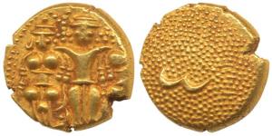 3 Swami Gold Pagoda, 3.43g, Lord Balaji standing with his wives, Bhudevi and Shridevi on e