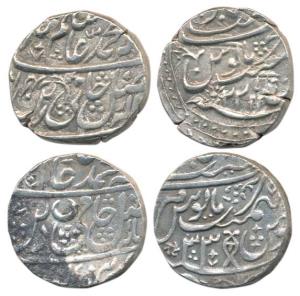 Najibabad Mint, Silver Rupee (2), RY 33 and 22, Persian letter ‘Mim’ and a vertical fish o