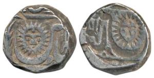 Silver Rupee, 11.12g, Malharnagar Mint, Error, Brockage, nice deep and complete lakhi impr