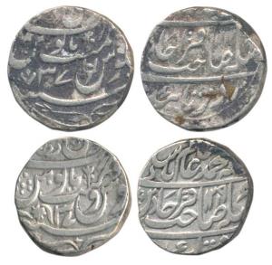 Qita Bareli Mint, Silver Rupee (2), in the name of Shah Alam II, with various marks such a