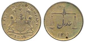 Gold Gilt Copper ½ Pice, 1804, coat of arms of the EIC and date below on obv., scales with