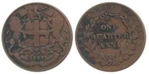 Copper ¼ Anna, 1857, wreath tips with single leaves, (Pr 151). Fine+.