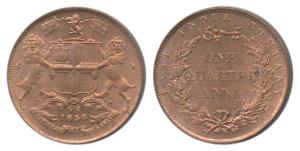 Copper ¼ Anna, 1858, wreath tips with single leaves, (Pr 156). Uncirculated, Scarce.