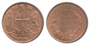 Copper ¼ Anna, 1858, wreath tips with single leaves, (Pr 156). Uncirculated, Scarce.