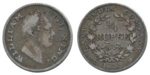 William IV, Silver ¼ Rupee, 1835, F incuse, 18 Berries, without dot after date. Fine+, Rar