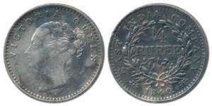 Victoria Queen, Silver ¼ Rupee, 1840, continuous legend, Madras Mint, S incused and V rais