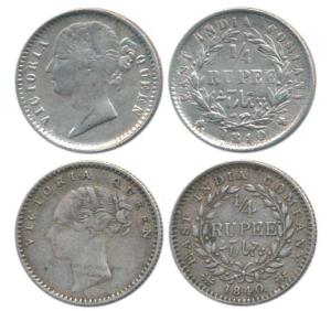 Victoria Queen, Silver ¼ Rupee, continuous legend and divided legend, 1840. About Very Fin