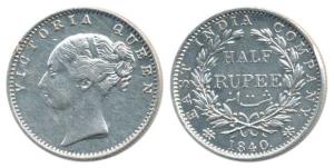 Victoria Queen, Silver ½ Rupee, 1840, continuous legend, Calcutta Mint, English Head, 19 B