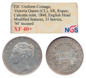 Victoria Queen, Silver Rupee, 1840, Calcutta Mint, continuous legend, English Head with Mo