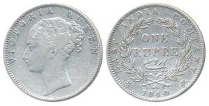 Victoria Queen, Silver Rupee, 1840, continuous Legend, Calcutta Mint, English Head with Mo