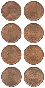 Victoria Empress, Copper ¼ Anna (4), 1862, 1889, 1894, 1901. Extremely Fine, Rare. (4)
