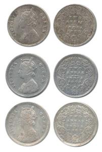 Victoria Queen, Silver 2 Annas (3), 1862, 1874, 1875. Very Fine to About Uncirculated. (3)
