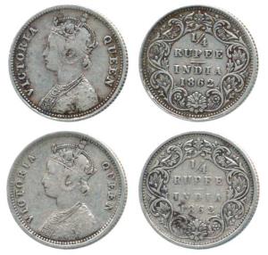 Victoria Queen, Silver ¼ Rupee (2), 1862, A / I (2). About Very Fine. (2)