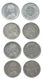 Victoria Queen, Silver ¼ Rupee (4), 1862, 1874, 1875 and 1876. Very Fine to About Uncircul
