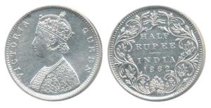 Victoria Queen, Silver ½ Rupee, 1862, B1 / II. Extremely Fine, Rare.