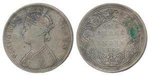 Victoria Queen, Silver Rupee, 1862 A / II / 1 / 10 dot, with top dot in top flower. About 