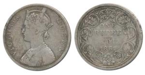 Victoria Queen, Silver Rupee, 1862, B / II / 0 / 7 dots. Fine+, Very Rare.