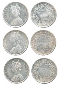 Victoria Queen, Silver Rupee (3), 1862, B / II / 2 / 0, A / II / 0 / 4, A / II / 0 / 5. Ve