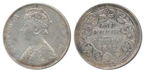 Victoria Queen, Silver Rupee, 1862, D / IIa, also popularly known as 5 panel with 4 pineap