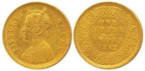 Victoria Queen, Gold Mohur, 1862, V in Jabbot (Prid 6). Slight edge nick otherwise Extreme