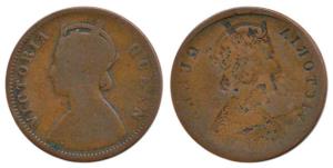 Victoria Queen, Copper ¼ Anna, Error, Brockage, complete lakhi impression on rev. Fine, Ra
