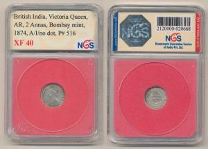 Victoria Queen, Silver 2 Annas, 1874, Bombay Mint, A / I, No mint mark . Slabbed and grade