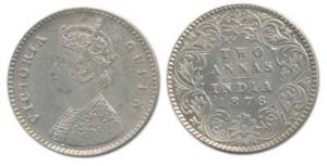 Victoria Empress, Silver 2 Annas, 1876, Calcutta Mint, A / I, No mint mark. About Uncircul