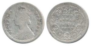 Victoria Empress, Silver 2 Annas, 1877, Bombay Mint, B / II, dot in top flower. Fine+, Rar