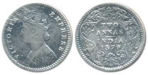Victoria Empress, Silver 2 Annas, 1879, Calcutta Mint, B / II / ’C’ incuse. Fine+.