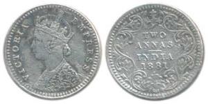 Victoria Empress, Silver 2 Annas, 1881, Bombay Mint, B / II / dot. Cleaned, Very Fine+, Sc
