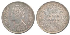 Victoria Empress, Silver 2 Annas, 1894, Bombay Mint, B / II ’B’ incused. Extremely Fine.