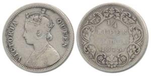 Victoria Queen, Silver ¼ Rupee, 1875, Bombay Mint, A / I No mint mark. About Very Fine.
