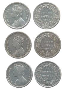 Victoria Queen and Empress, Silver ¼ Rupee, 1875, 1876, 1877. Fine to Very Fine. (3)