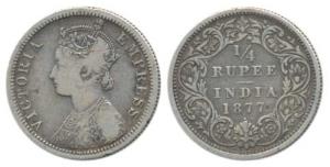 Victoria Empress, Silver ¼ Rupee, 1877, Bombay Mint, A / I dot. Very Fine, Scarce.
